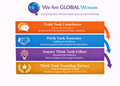 Influencer program tiers for 'We Are GLOBAL Women' think tank with icons and text.