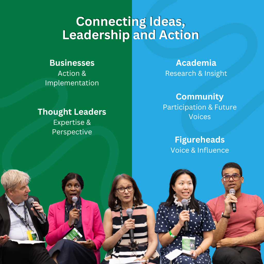 Group of people with microphones on a green and blue background with text about connecting ideas, leadership, and action.
