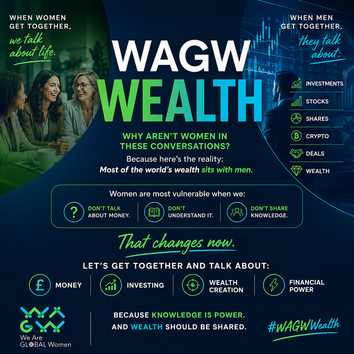 Promotional graphic for WAGW Wealth with text and graphics about women's financial conversations.